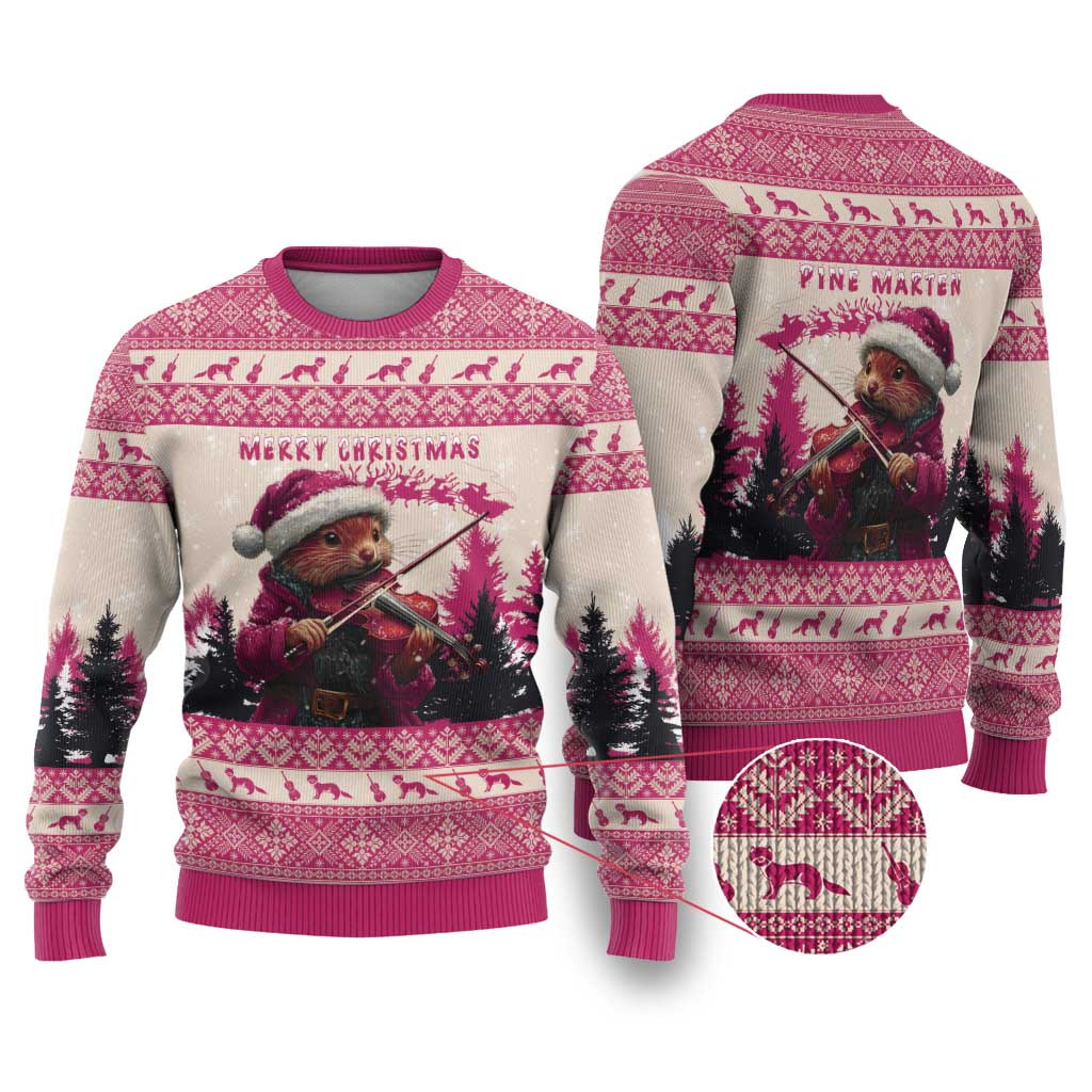 Croatia Christmas Ugly Christmas Sweater Pine Marten Playing Violin - Dark Pink Color - Wonder Print Shop