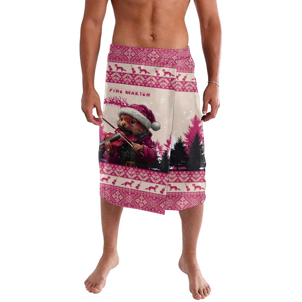 Dark pink men's knee-length lavalava skirt with marten playing violin print