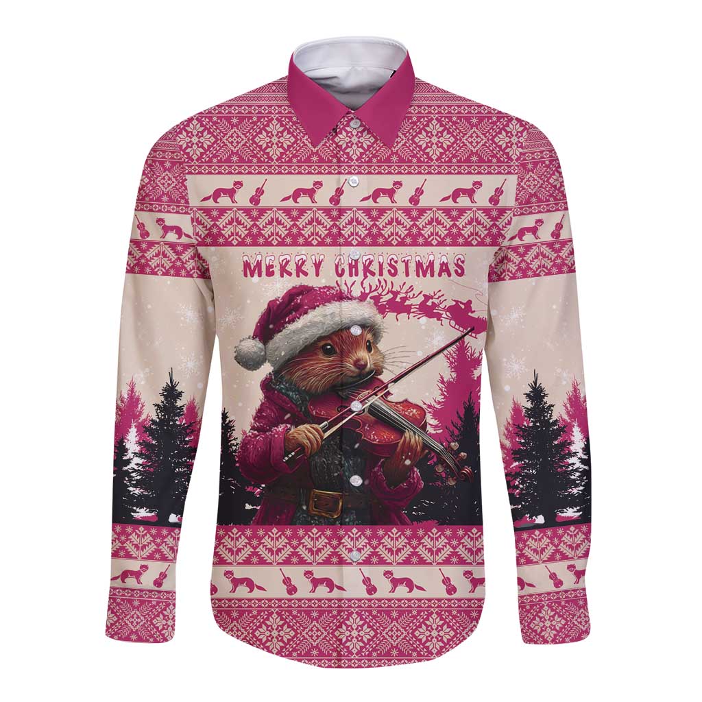 Dark pink long-sleeve button shirt with pine marten violin and Merry Christmas graphic