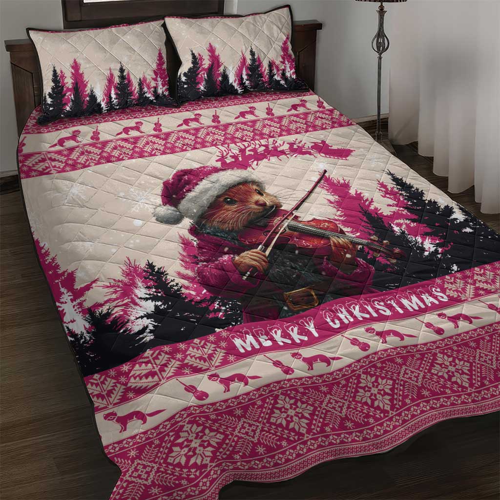 Croatia Christmas Quilt Bed Set Pine Marten Playing Violin - Dark Pink Color - Wonder Print Shop