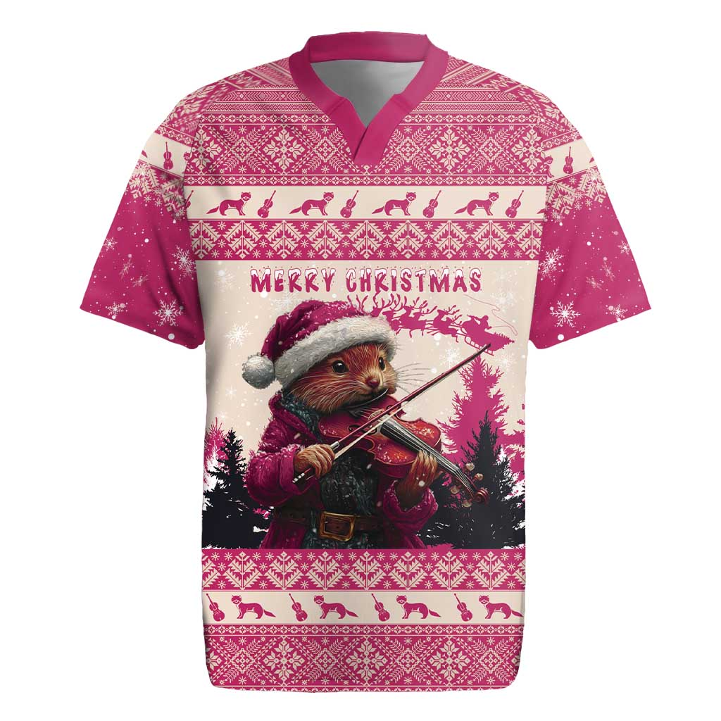 Croatia Christmas Rugby Jersey Pine Marten Playing Violin - Dark Pink Color - Wonder Print Shop