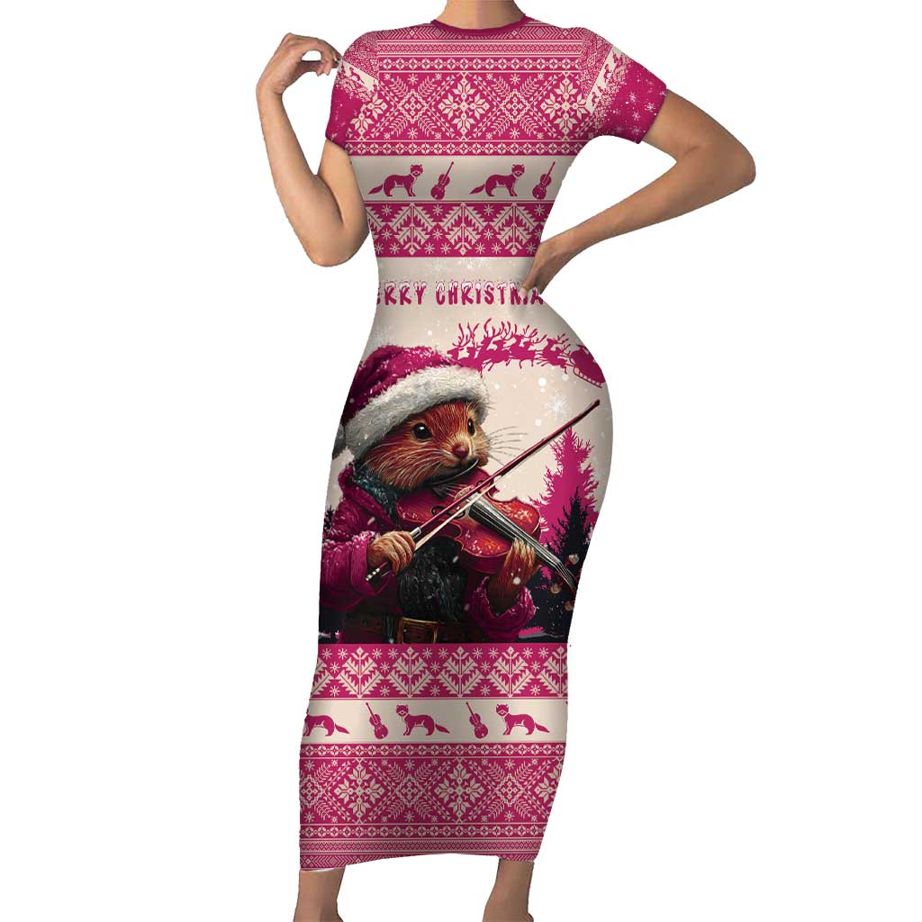 Croatia Christmas Short Sleeve Bodycon Dress Pine Marten Playing Violin - Dark Pink Color