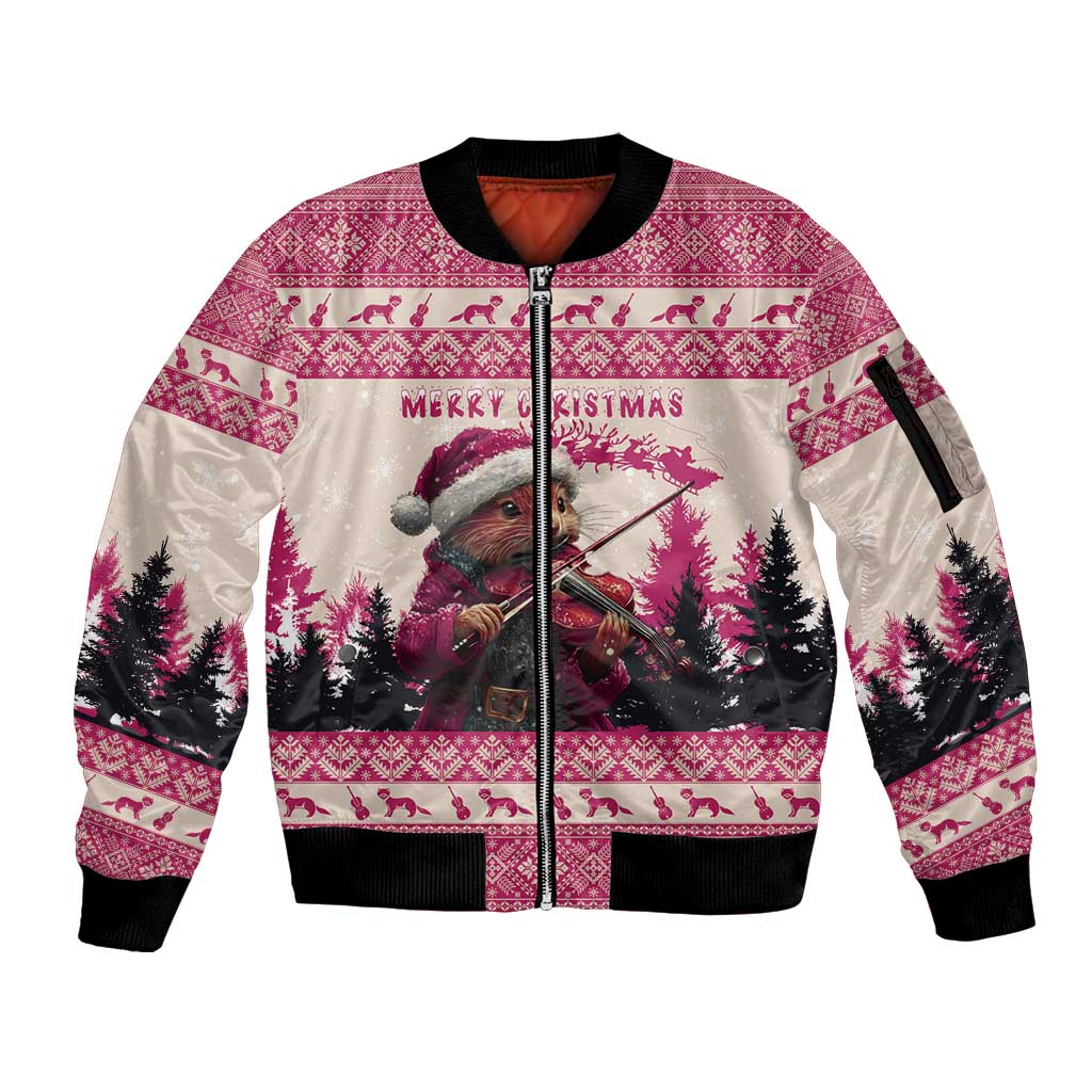 Croatia Christmas Sleeve Zip Bomber Jacket Pine Marten Playing Violin - Dark Pink Color - Wonder Print Shop