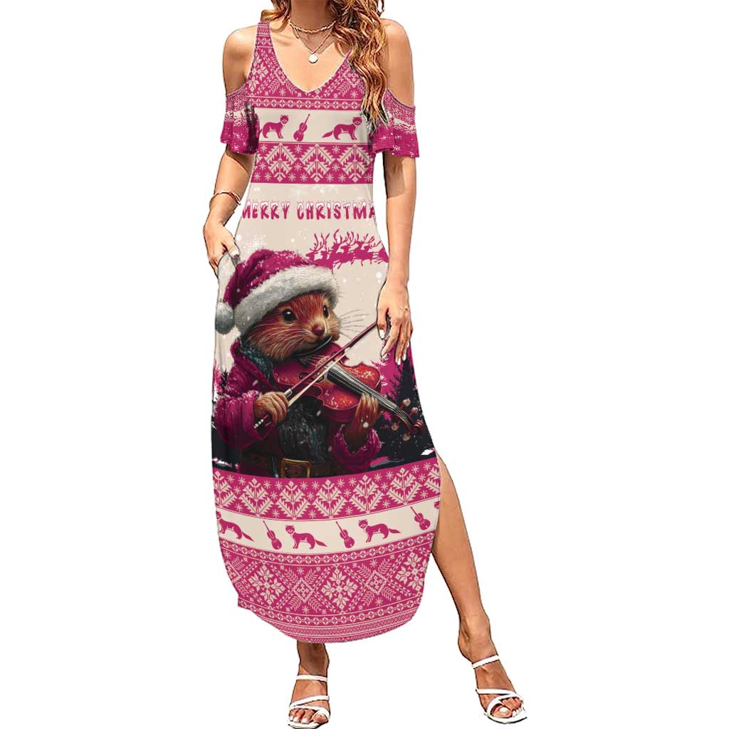 Croatia Christmas Summer Maxi Dress Pine Marten Playing Violin - Dark Pink Color