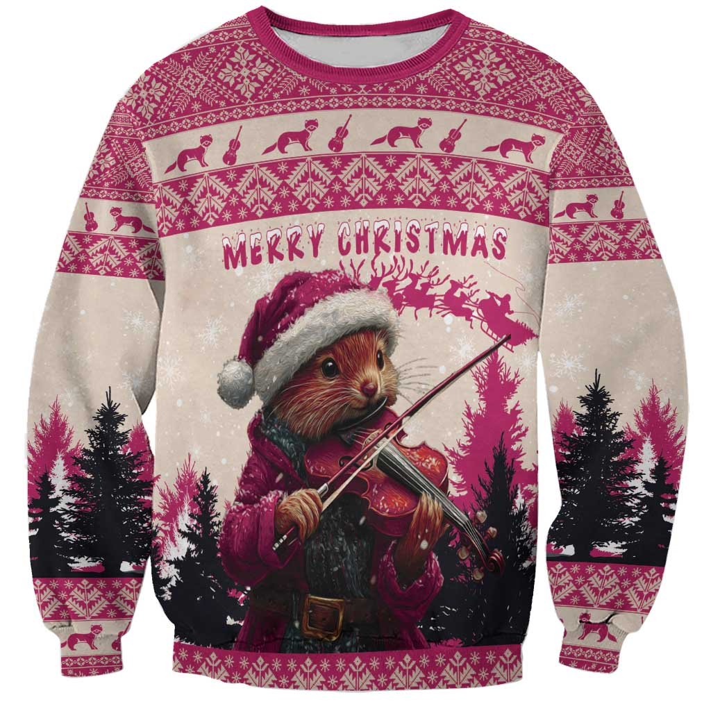 Dark pink crewneck sweatshirt with pine marten playing violin and Merry Christmas print