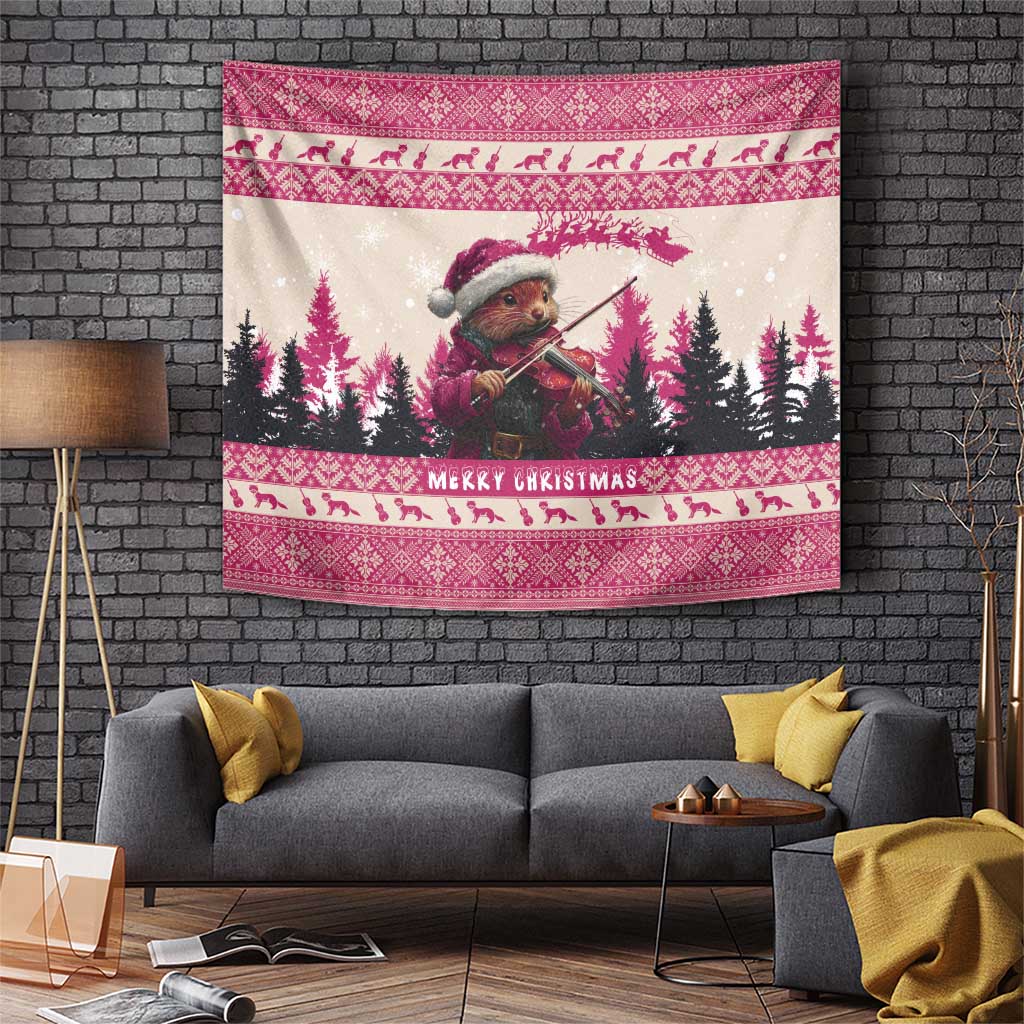 Croatia Christmas Tapestry Pine Marten Playing Violin - Dark Pink Color