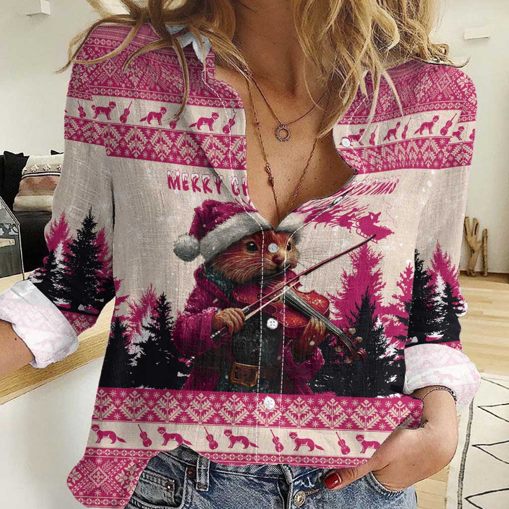 Croatia Christmas Women Casual Shirt Pine Marten Playing Violin - Dark Pink Color