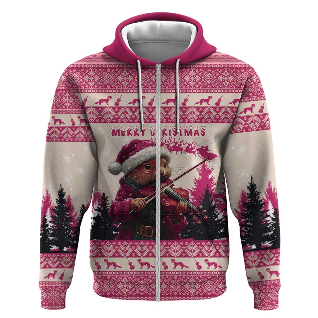 Croatia Christmas Zip Hoodie Pine Marten Playing Violin - Dark Pink Color - Wonder Print Shop