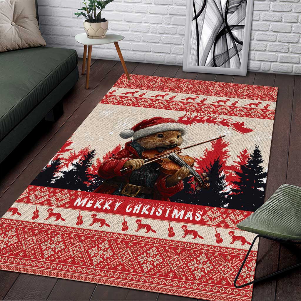 Red Christmas area rug with pine marten playing violin and a Merry Christmas border