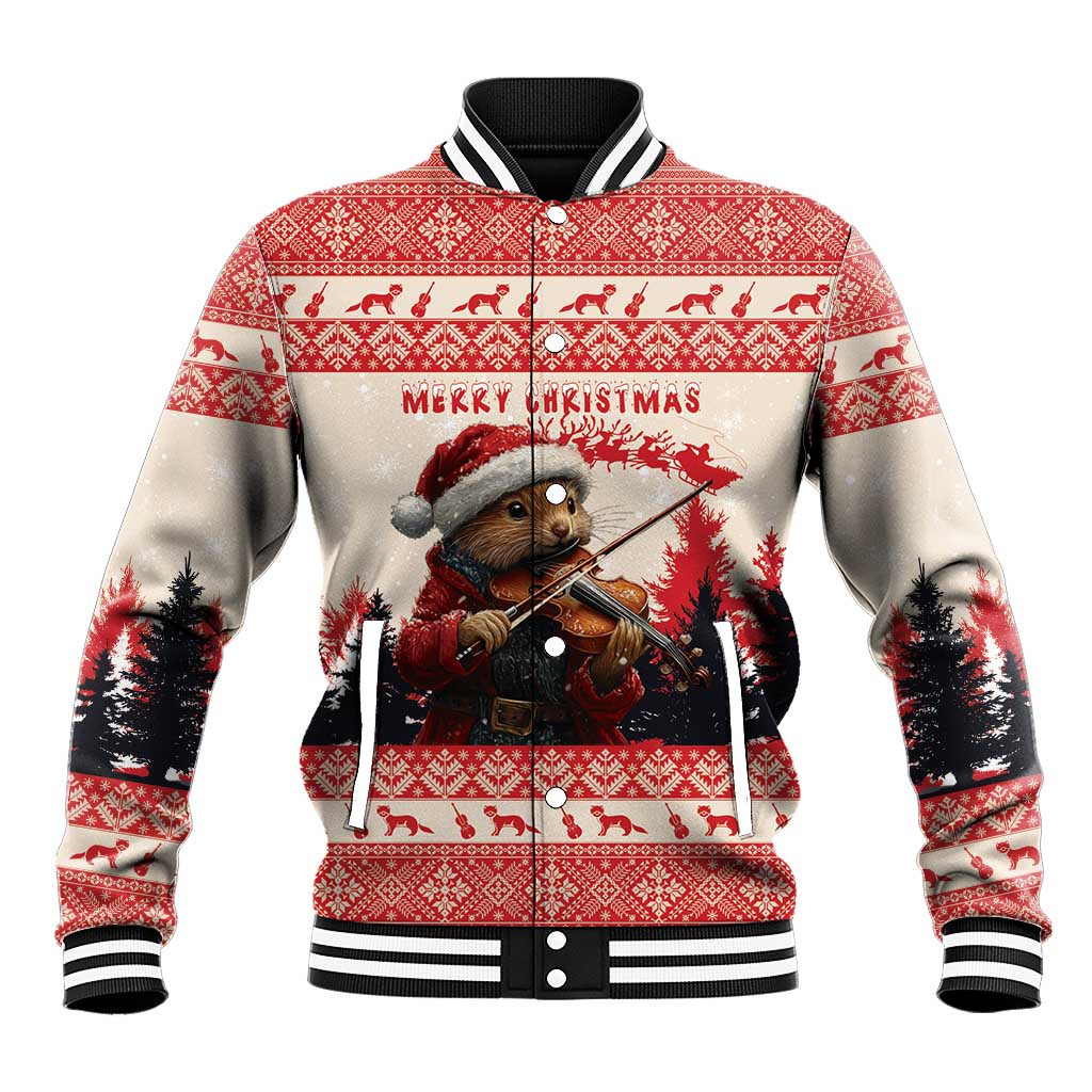 Red baseball jacket with pine marten playing violin, Merry Christmas graphic, ribbed collar
