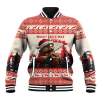 Red baseball jacket with pine marten playing violin, Merry Christmas graphic, ribbed collar