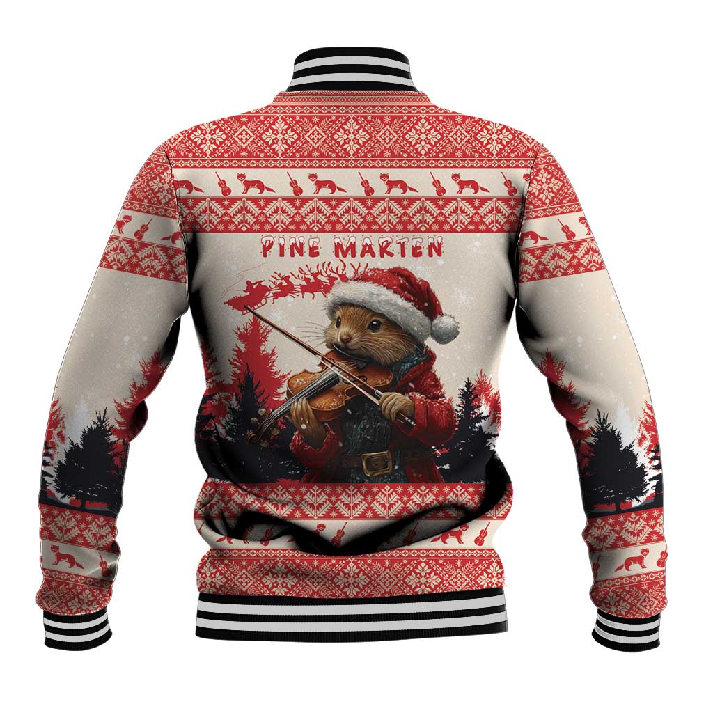 Red baseball jacket back with pine marten playing violin, Pine Marten text, ribbed hem