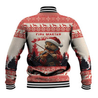 Red baseball jacket back with pine marten playing violin, Pine Marten text, ribbed hem