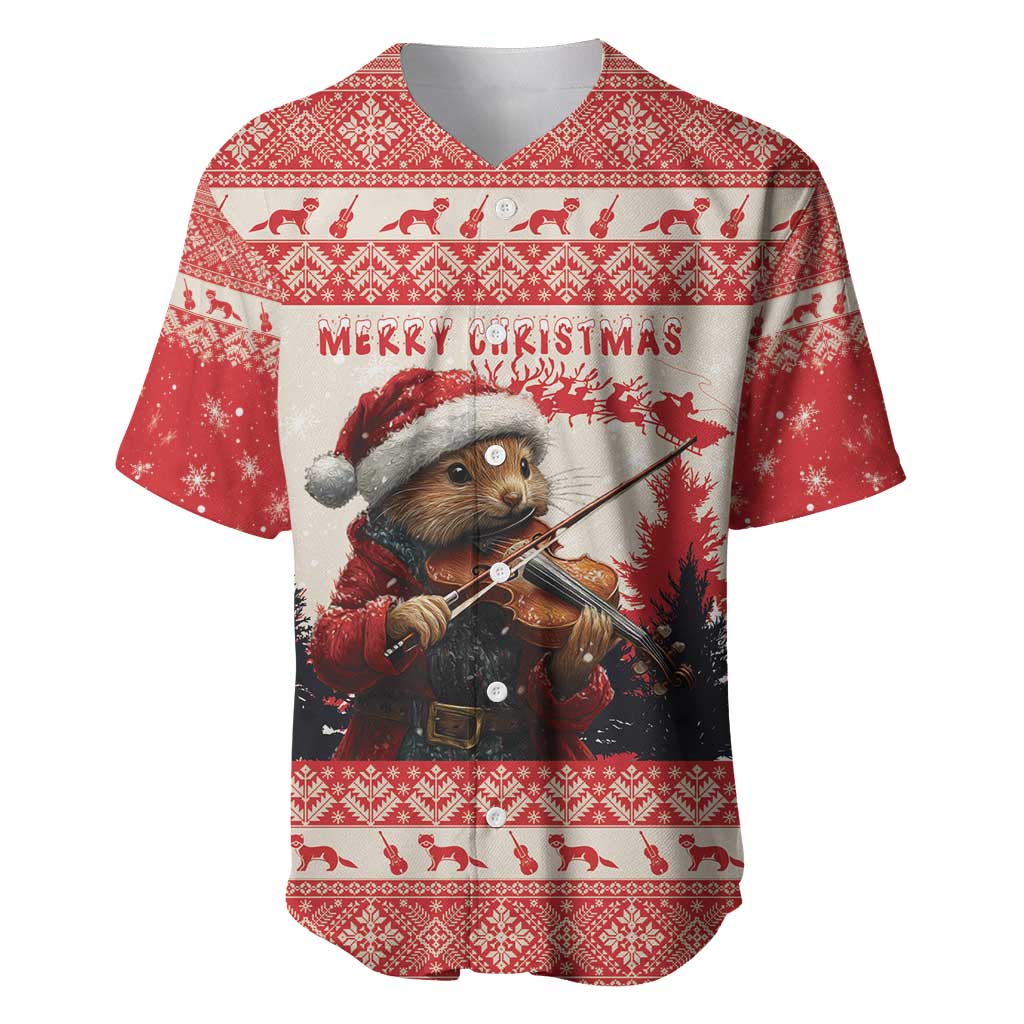 Red Christmas baseball jersey with pine marten playing violin, "MERRY CHRISTMAS" print.