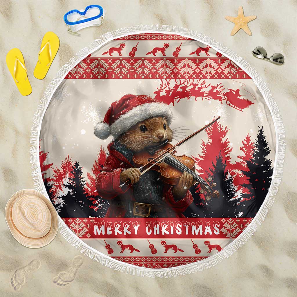 Round red Christmas beach blanket: pine marten plays violin, 'Merry Christmas' ring
