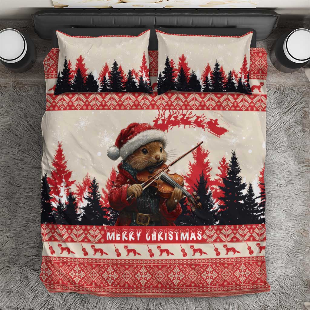 Christmas bedding set with pine marten playing violin, pine trees, and red border