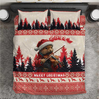 Christmas bedding set with pine marten playing violin, pine trees, and red border