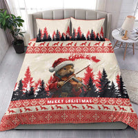 Christmas bedding set with violin-playing pine marten, pine trees, “Merry Christmas” text