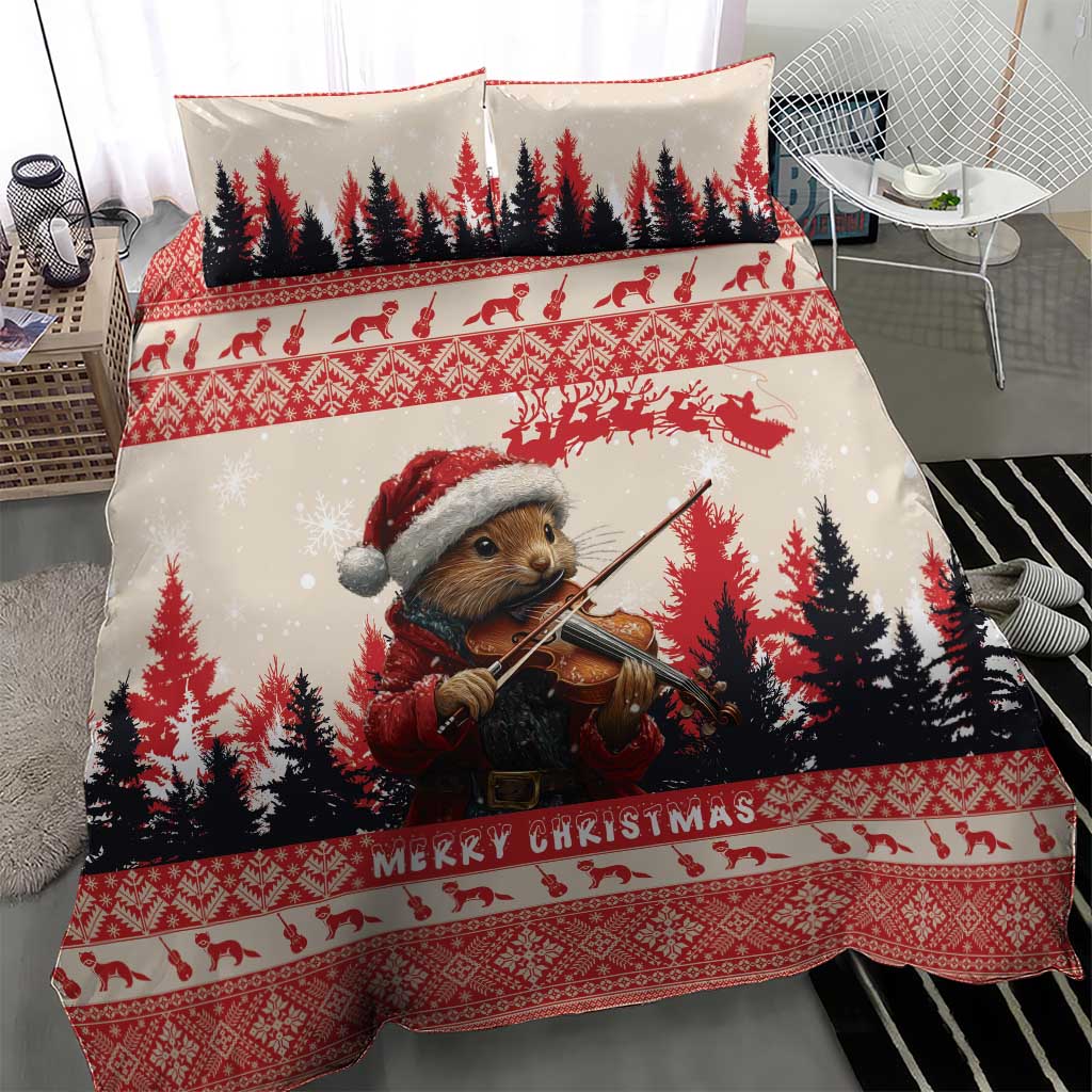 Christmas bedding set with pine marten holding a violin, snowy pine trees, red patterned band
