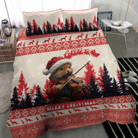 Christmas bedding set with pine marten holding a violin, snowy pine trees, red patterned band