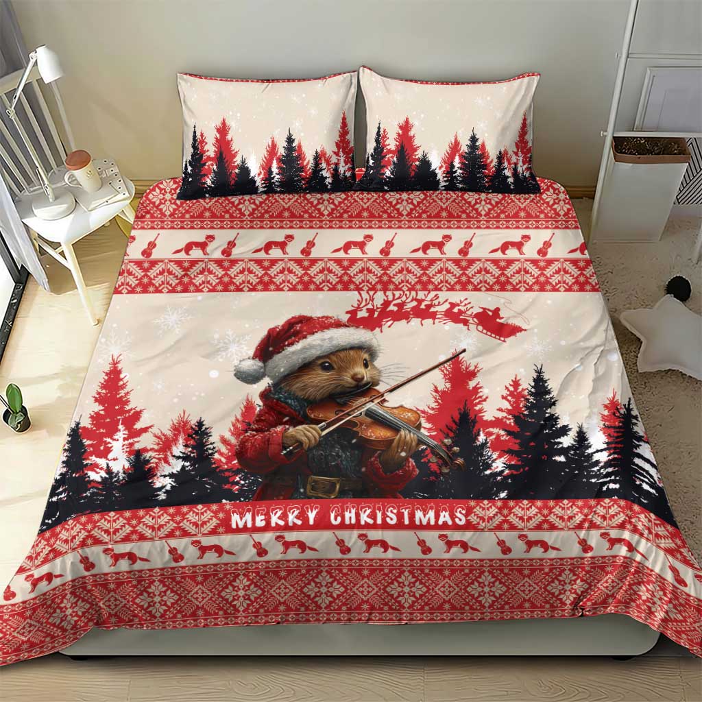 Christmas bedding set with pine marten playing violin, pine tree scene, red decorative trim