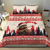 Christmas bedding set with pine marten playing violin, pine tree scene, red decorative trim