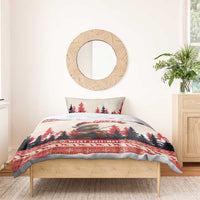 Christmas bedding set with pine marten playing violin, pine trees, red band and “Merry Christmas”