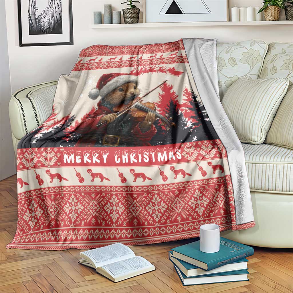 Red Christmas blanket with pine marten playing violin, trees and Merry Christmas border