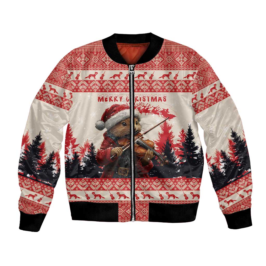 Red bomber jacket with black ribbed collar, festive pattern and pine marten playing violin