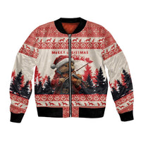Red bomber jacket with black ribbed collar, festive pattern and pine marten playing violin
