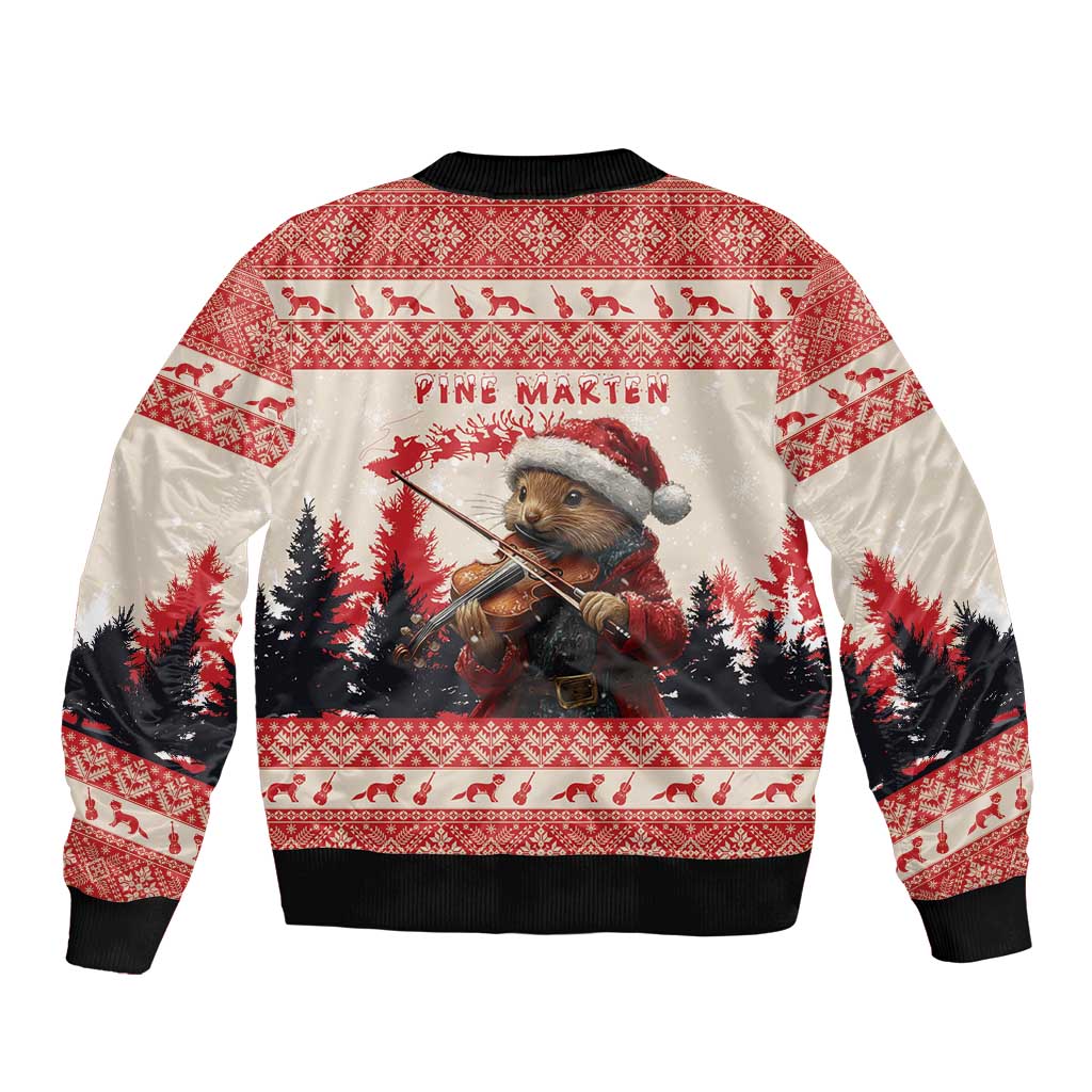 Red bomber jacket back view with pine marten in hat, violin graphic and winter trees