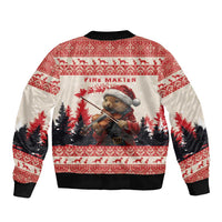 Red bomber jacket back view with pine marten in hat, violin graphic and winter trees