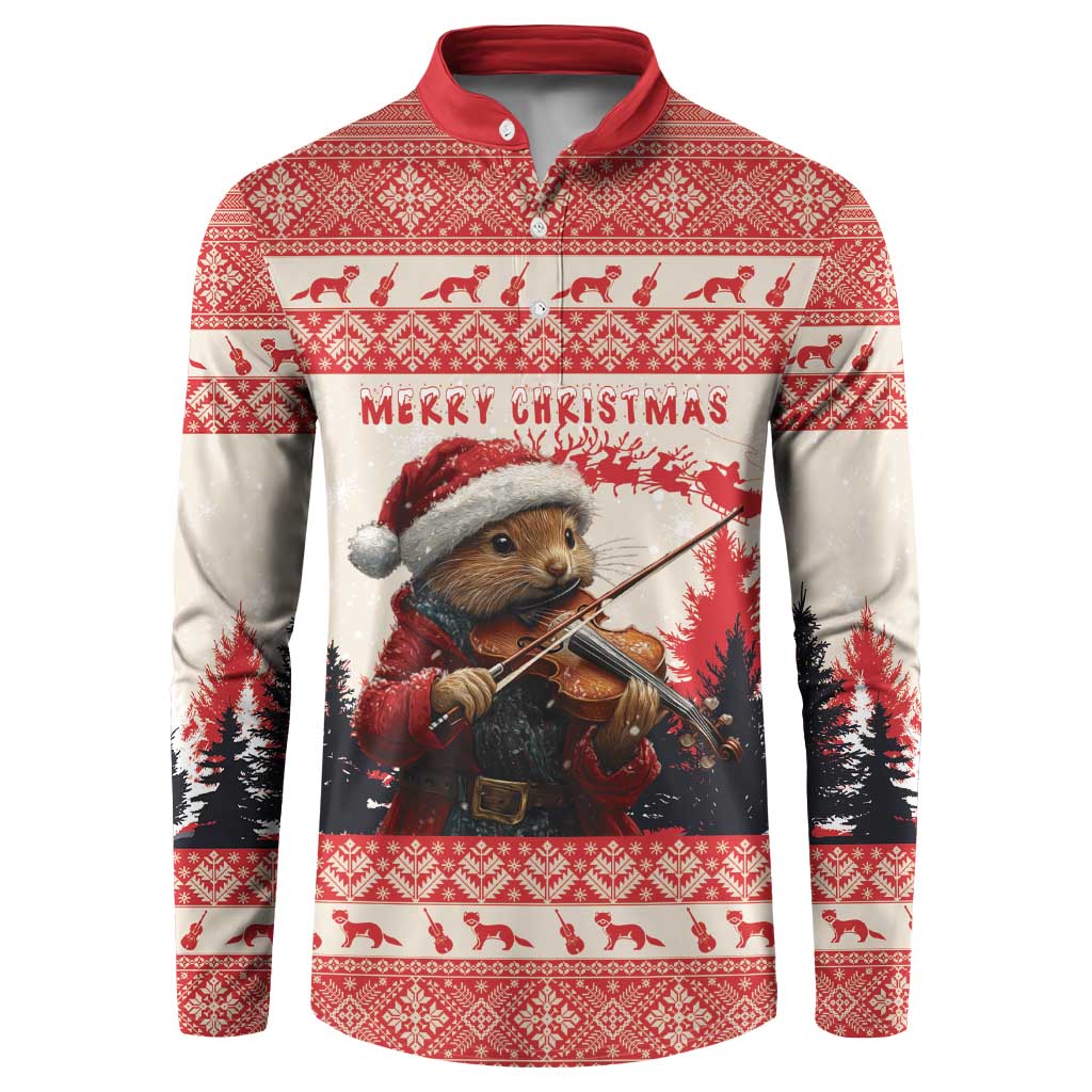 Red Christmas button sweatshirt with pine marten playing violin graphic