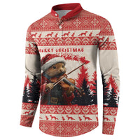 Red Christmas button sweatshirt with pine marten violin holiday pattern