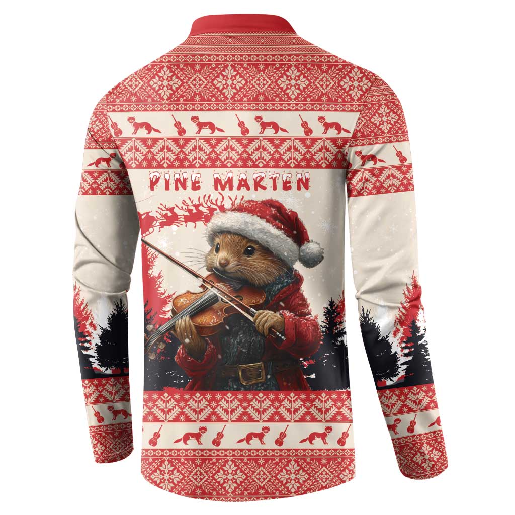 Red Christmas button sweatshirt, back graphic with pine marten and violin