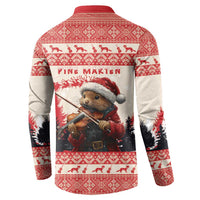 Red Christmas button sweatshirt, back graphic with pine marten and violin