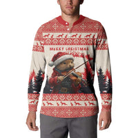 Red Christmas button sweatshirt on model, pine marten playing violin front graphic