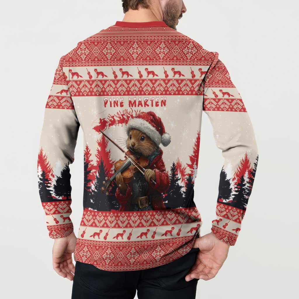Red Christmas button sweatshirt, back graphic of pine marten in winter outfit