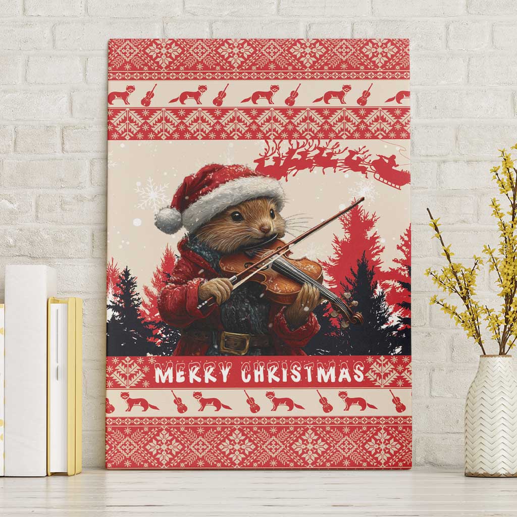 Red Christmas canvas wall art of pine marten in Santa hat playing violin, “Merry Christmas”