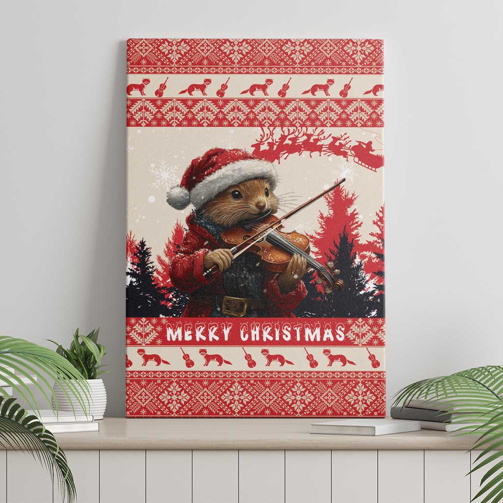 Red Christmas canvas wall art showing pine marten playing violin with “Merry Christmas” banner