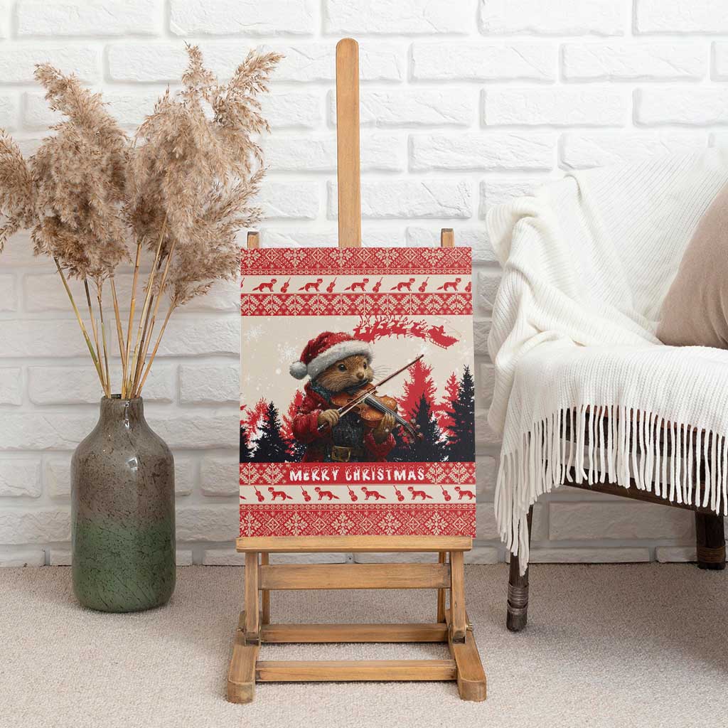 Red Christmas pine marten violinist canvas wall art on easel, red trees and “Merry Christmas”