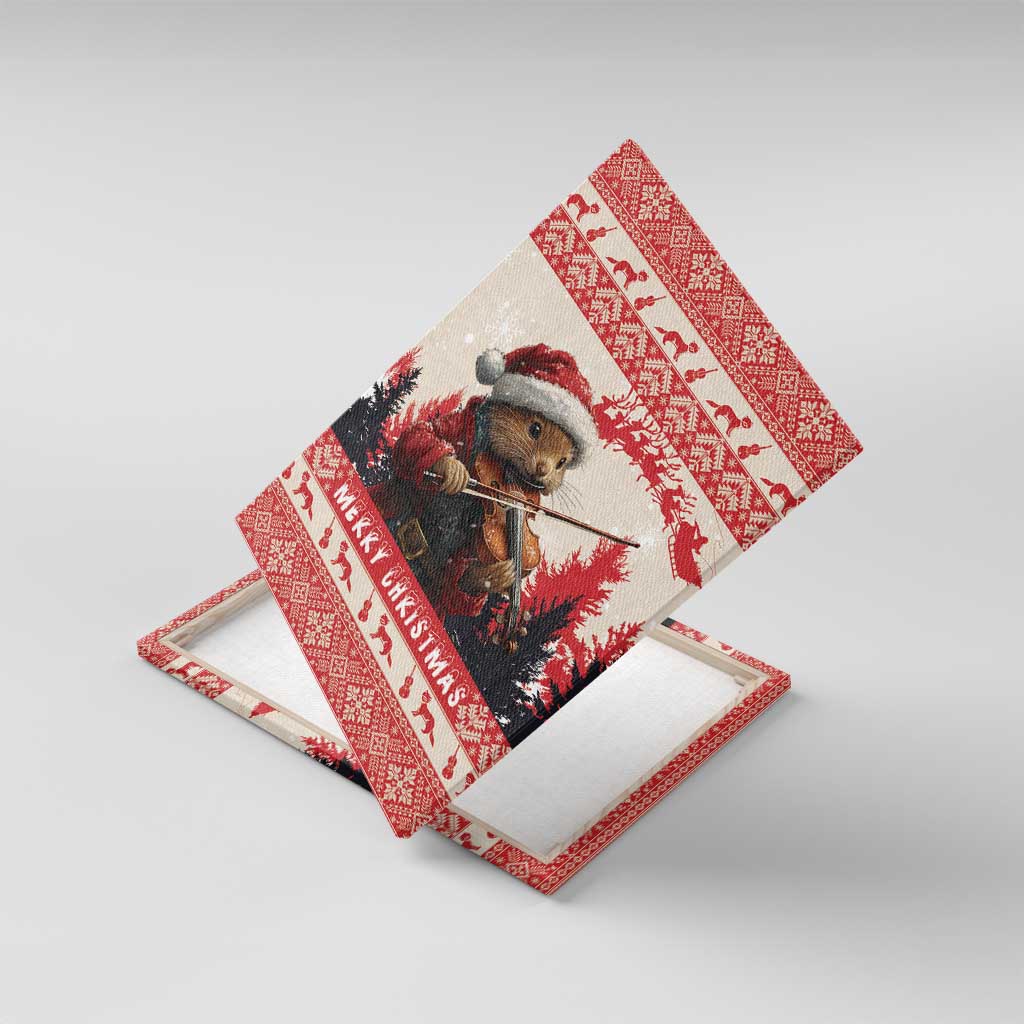 Red Christmas canvas wall art of pine marten playing violin, “Merry Christmas” text in center