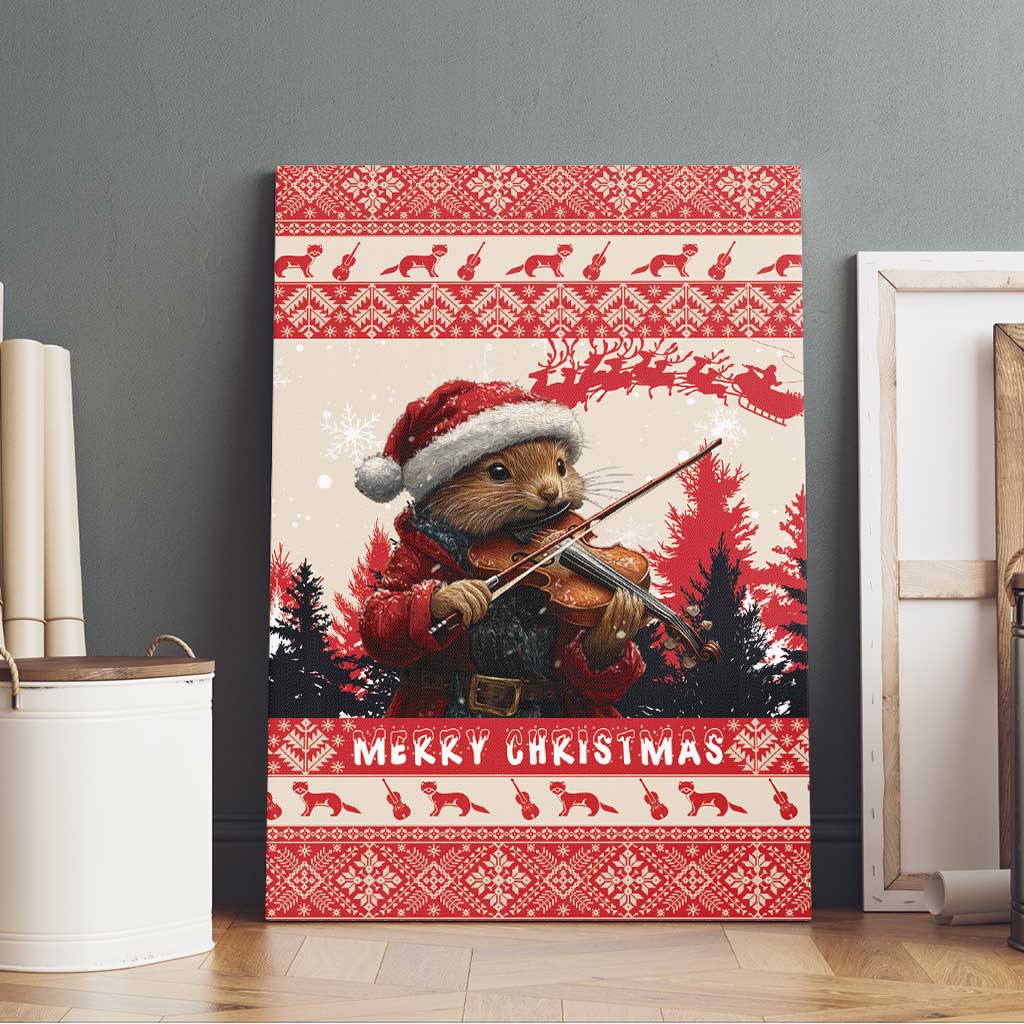 Red Christmas canvas wall art featuring pine marten with violin and Santa hat, “MERRY CHRISTMAS”