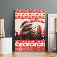 Red Christmas canvas wall art featuring pine marten with violin and Santa hat, “MERRY CHRISTMAS”