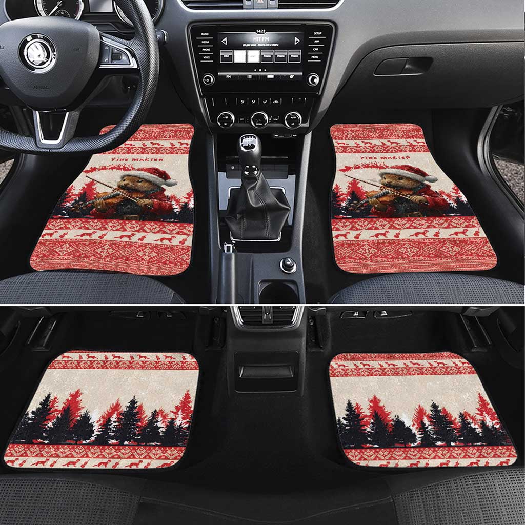 Red car floor mats with pine marten playing violin and winter pine tree pattern