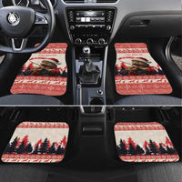 Red car floor mats with pine marten playing violin and winter pine tree pattern