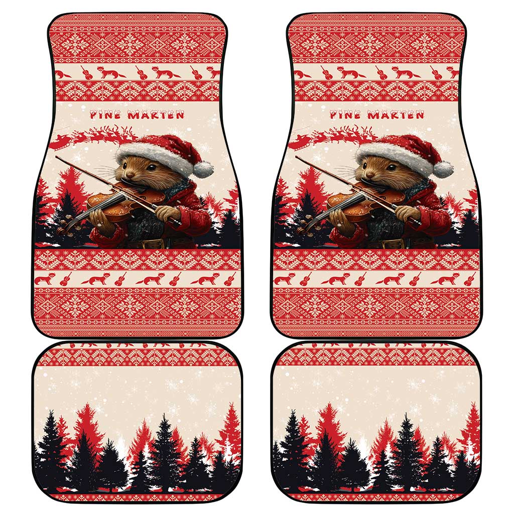 Set of 4 red car floor mats featuring pine marten with violin and pine tree scene
