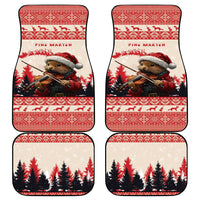 Set of 4 red car floor mats featuring pine marten with violin and pine tree scene