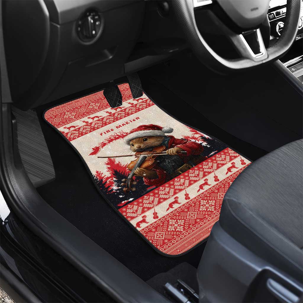 Red car floor mat with pine marten playing violin on patterned holiday design