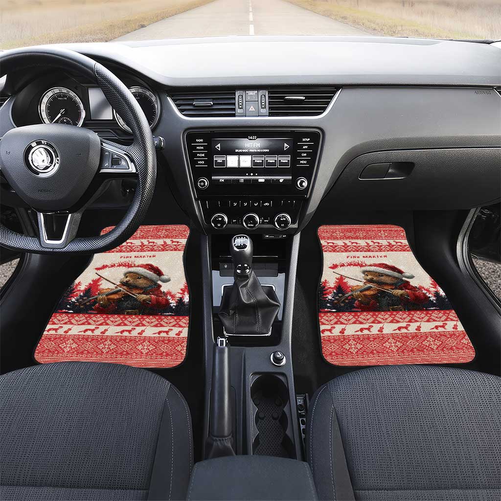 Red front car floor mats with pine marten playing violin and pine tree border